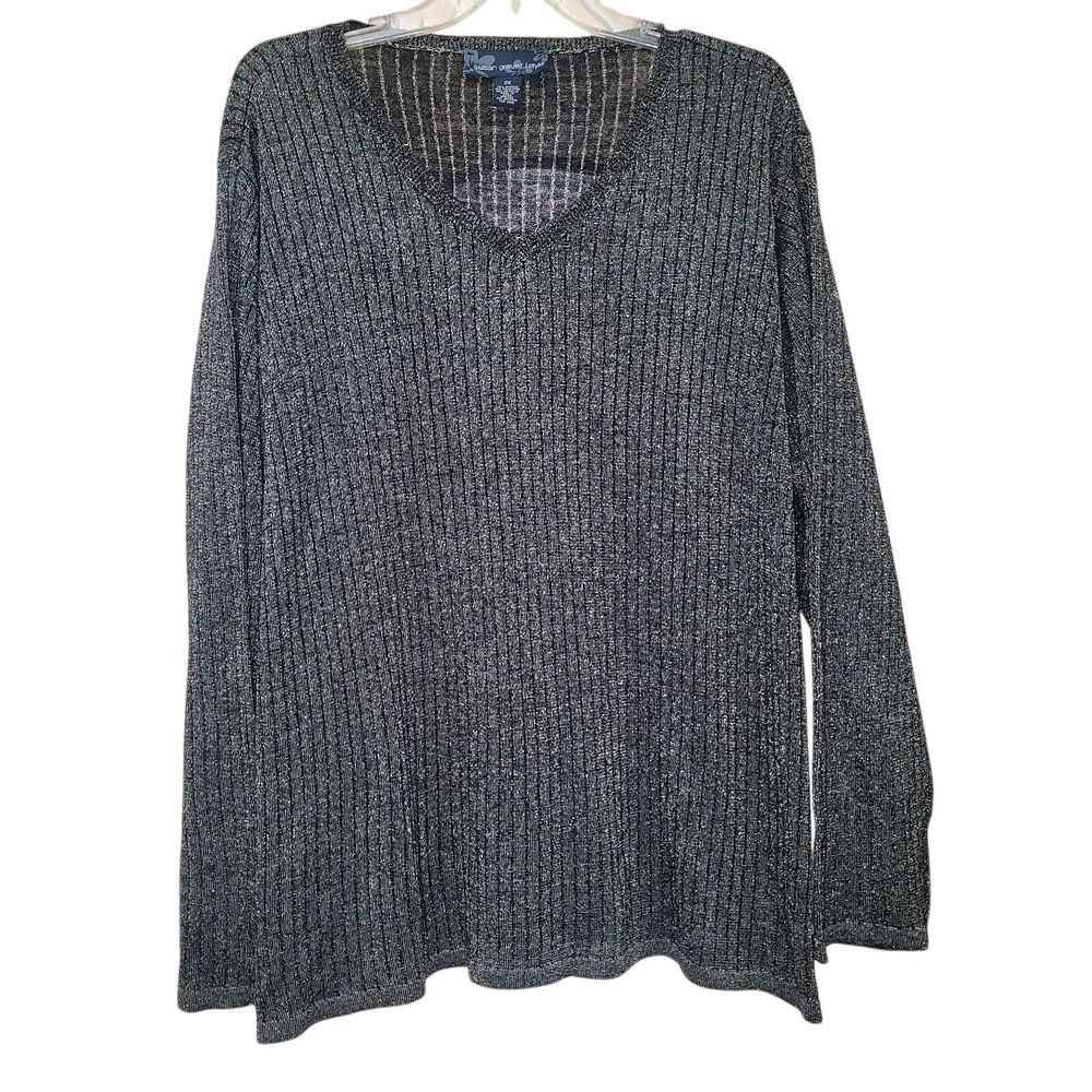 Susan Graver Women's  Black Silver Sparkle Day to Evening Retro Glams Y2K V Neck